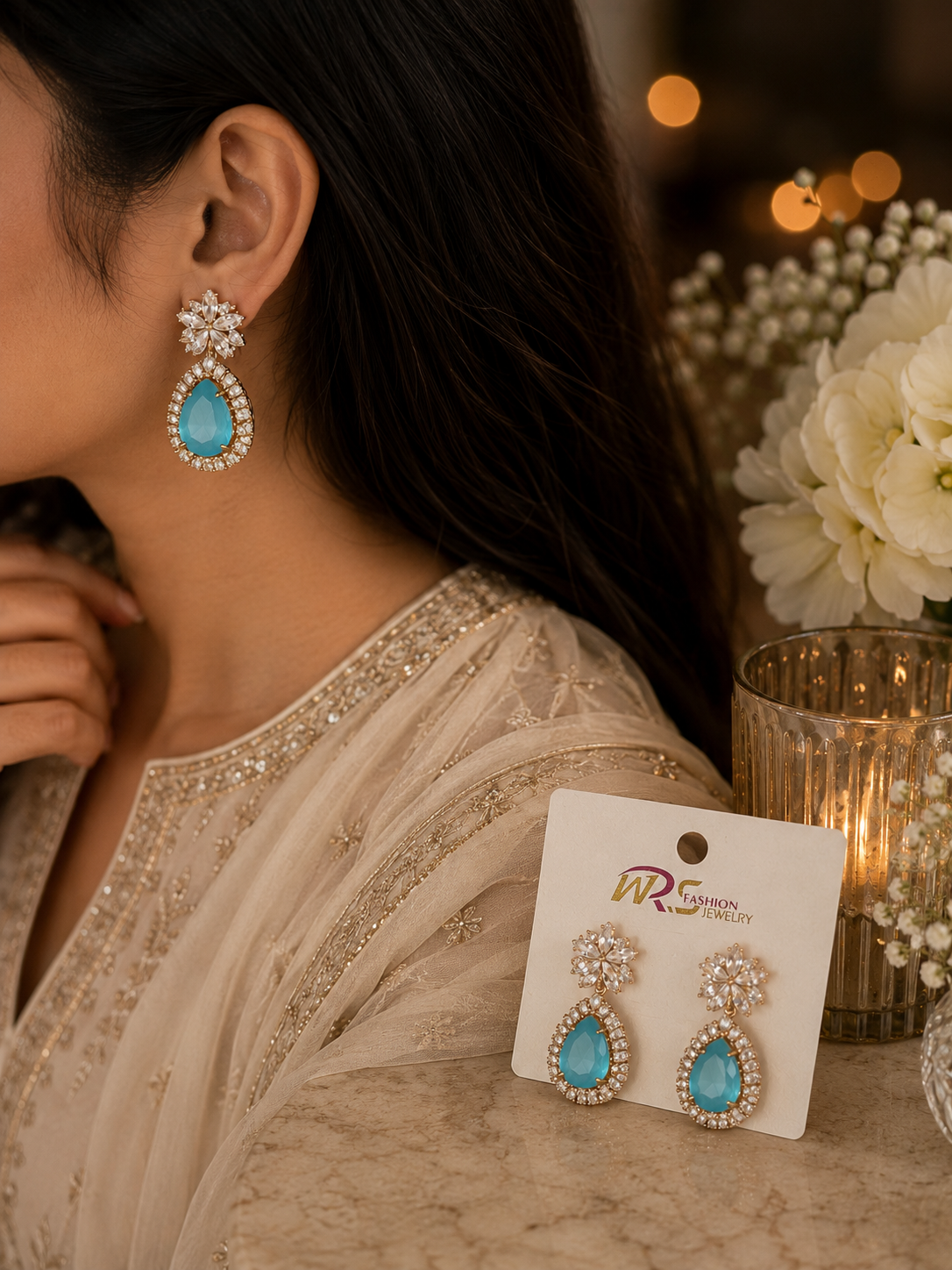 Aqua Teardrop Pearl Halo Drop Earrings