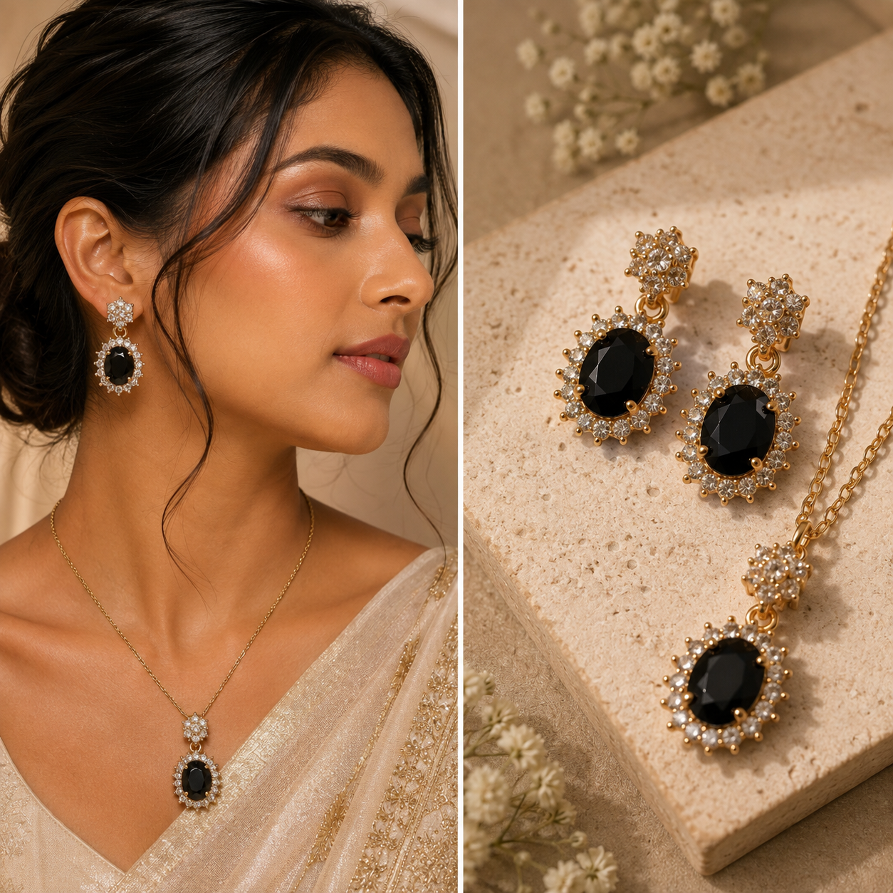 Black Oval Halo Gold Necklace Set