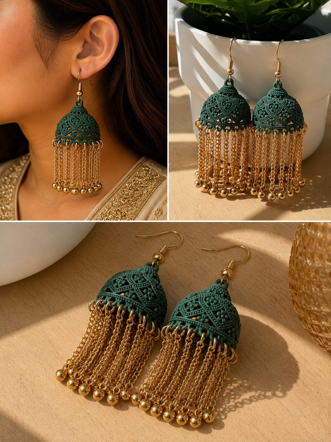 Emerald Green Tassel Jhumka Earrings