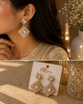 Gold Crystal Square Pearl Halo Earrings
