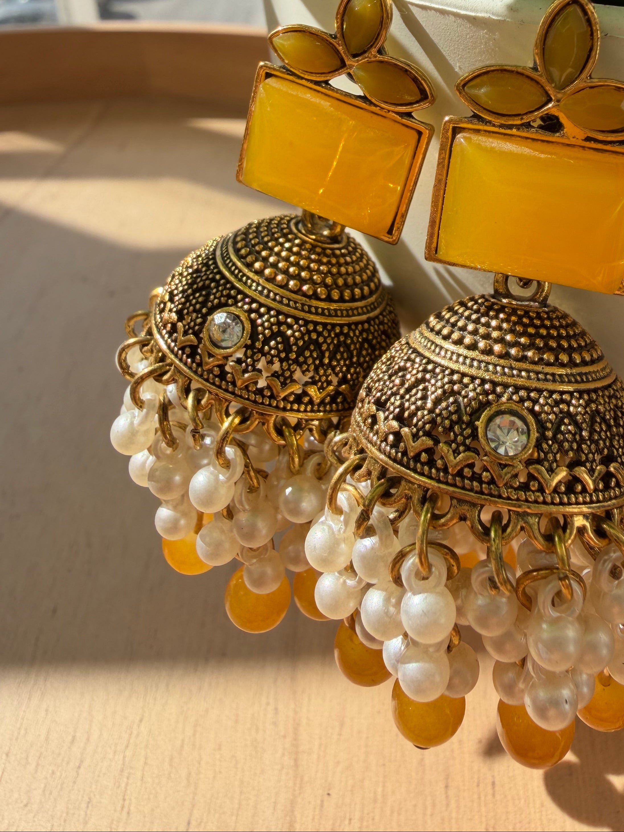 Yellow pearl jhumkas