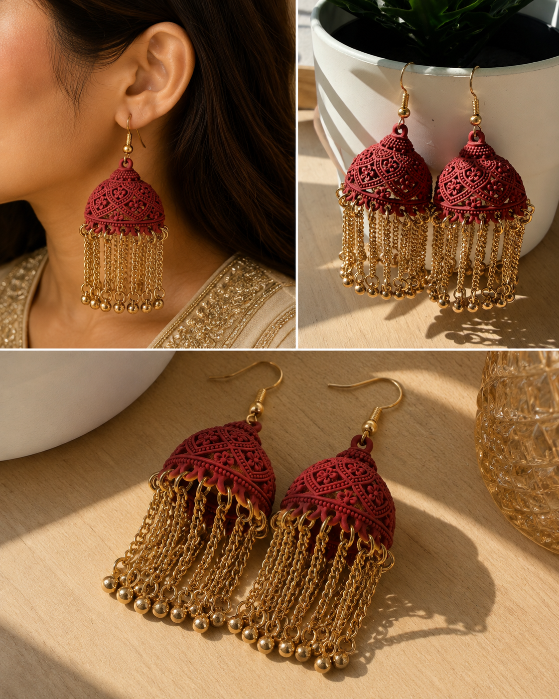 Maroon Tassel Jhumka Earrings