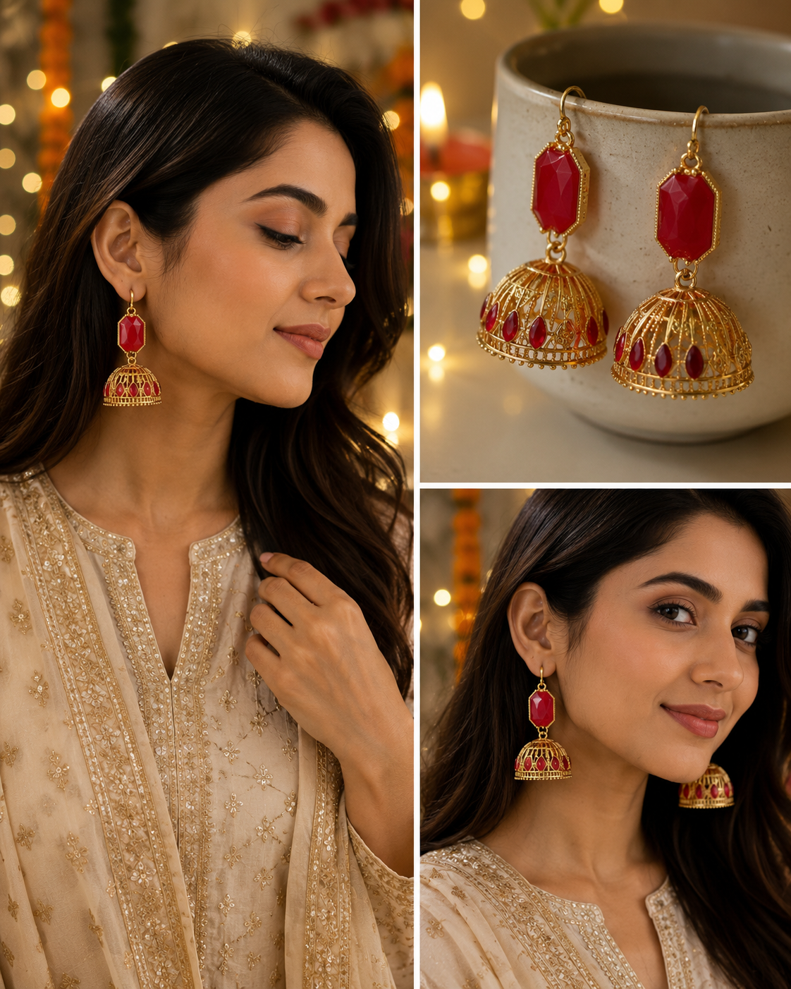 Ruby Red Gold Jhumka Earrings