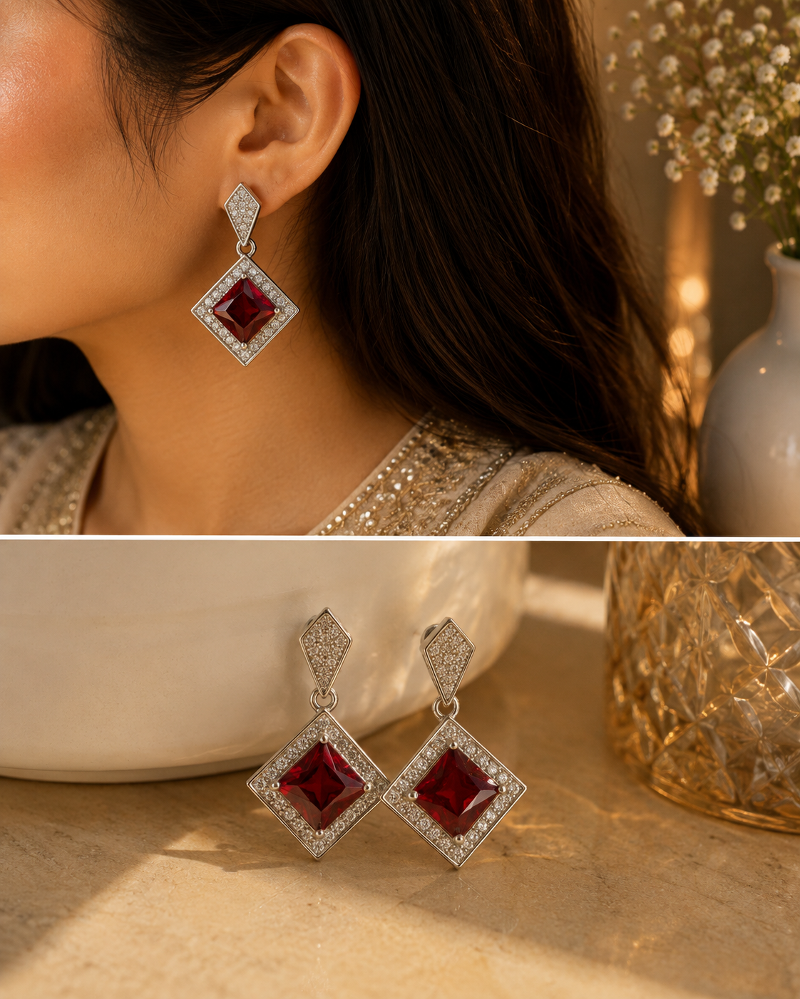 Ruby Red Silver Rhombus Drop Earrings