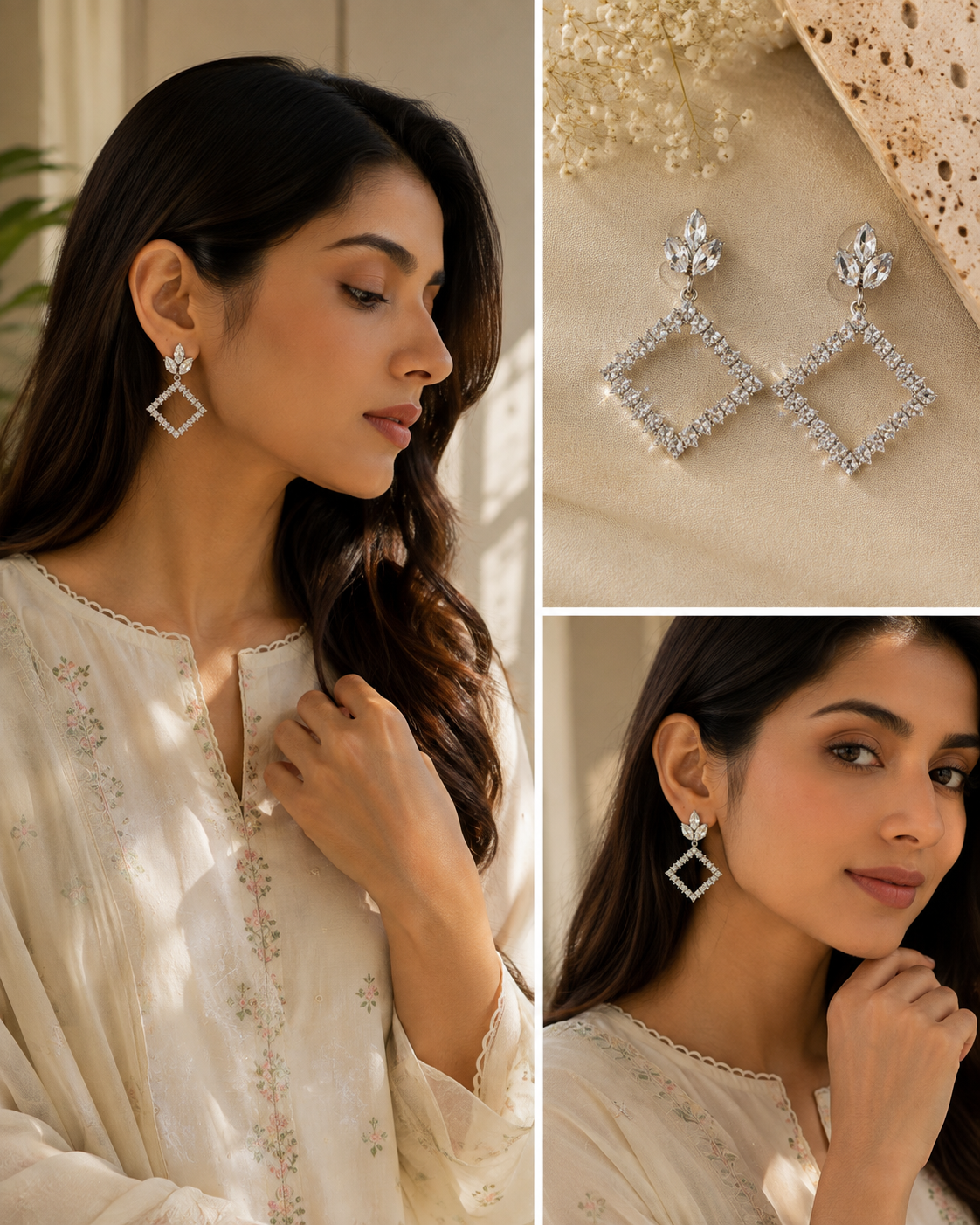 Silver Crystal Rhombus Drop Earrings
