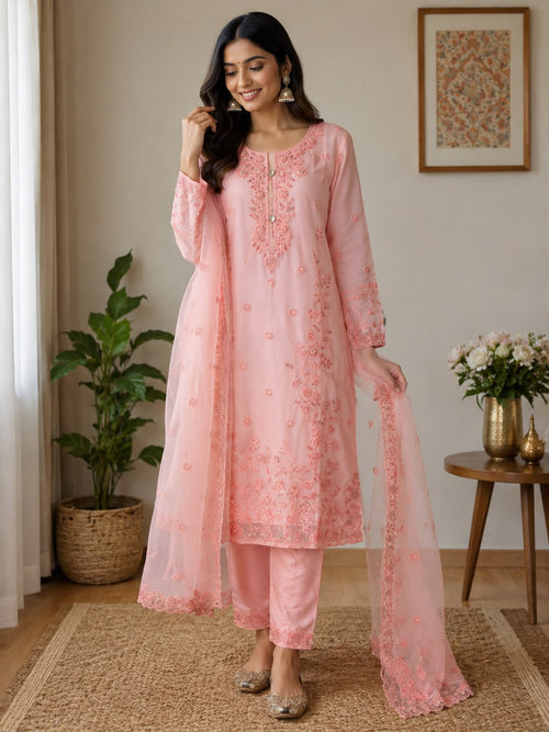 Blush Pink Organza Embroidered Suit