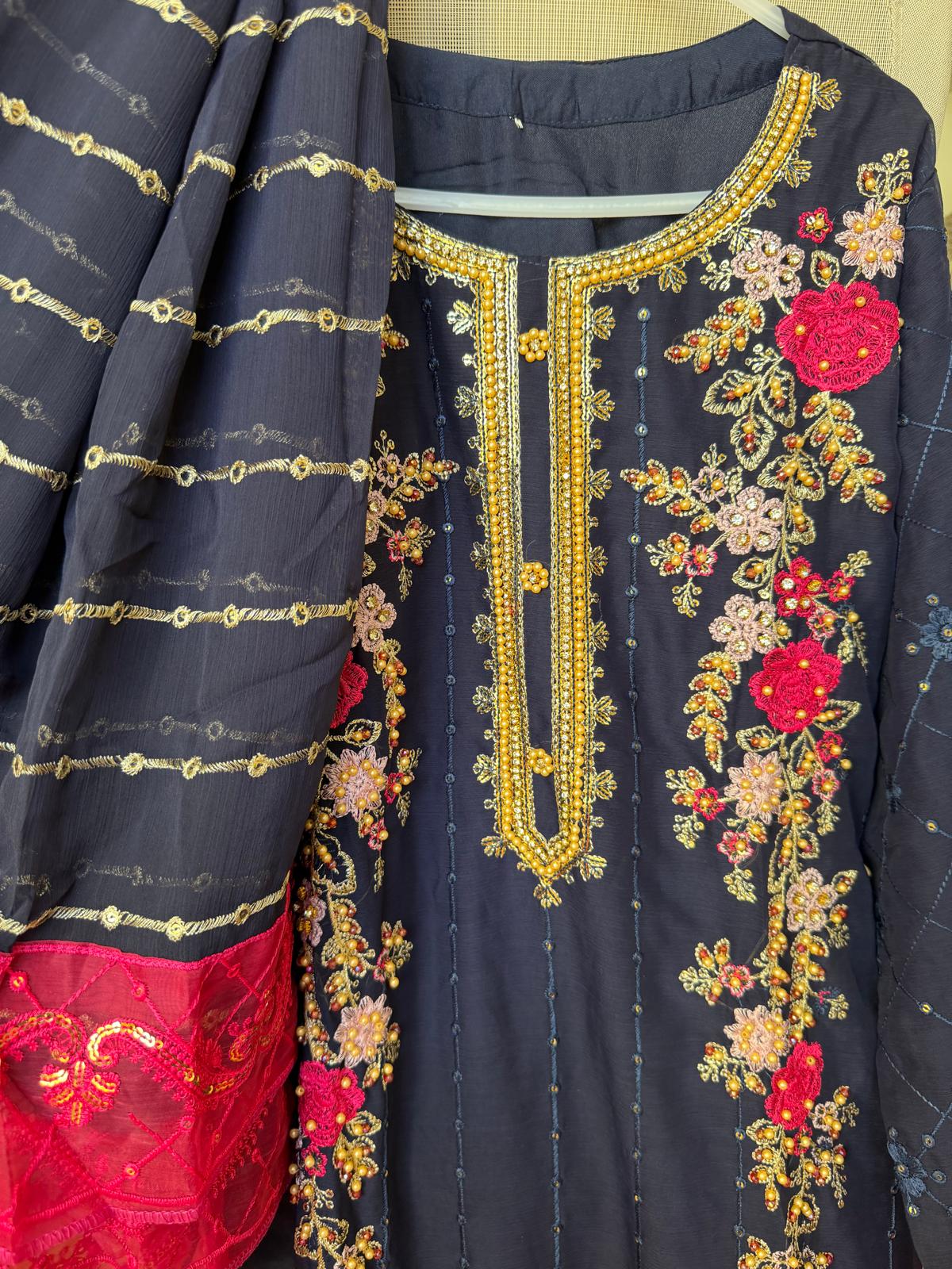 Sapphire Navy Three Piece Dress with Magenta Floral Embroidery