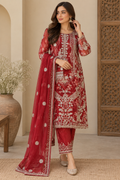 Crimson Red Silver-Embroidered Organza Suit - full look